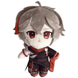 Peluche Kazuha aux cheveux gris et aux yeux rouges, vêtue d’un costume noir et rouge avec détails décoratifs