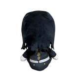 Peluche Keisuke Baji noire en tissu, vue de dos, avec cheveux longs et inscription dorée sur sa tenue.