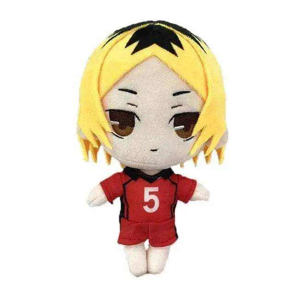 Peluche Kenma Kozume aux cheveux blonds et noirs, en uniforme de volley rouge avec le numéro 5.