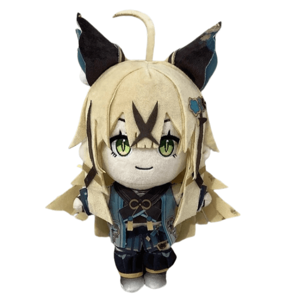 Peluche Kirara beige et noire, avec cheveux blonds, oreilles de chat pointues, yeux verts et tenue bleue brodée.