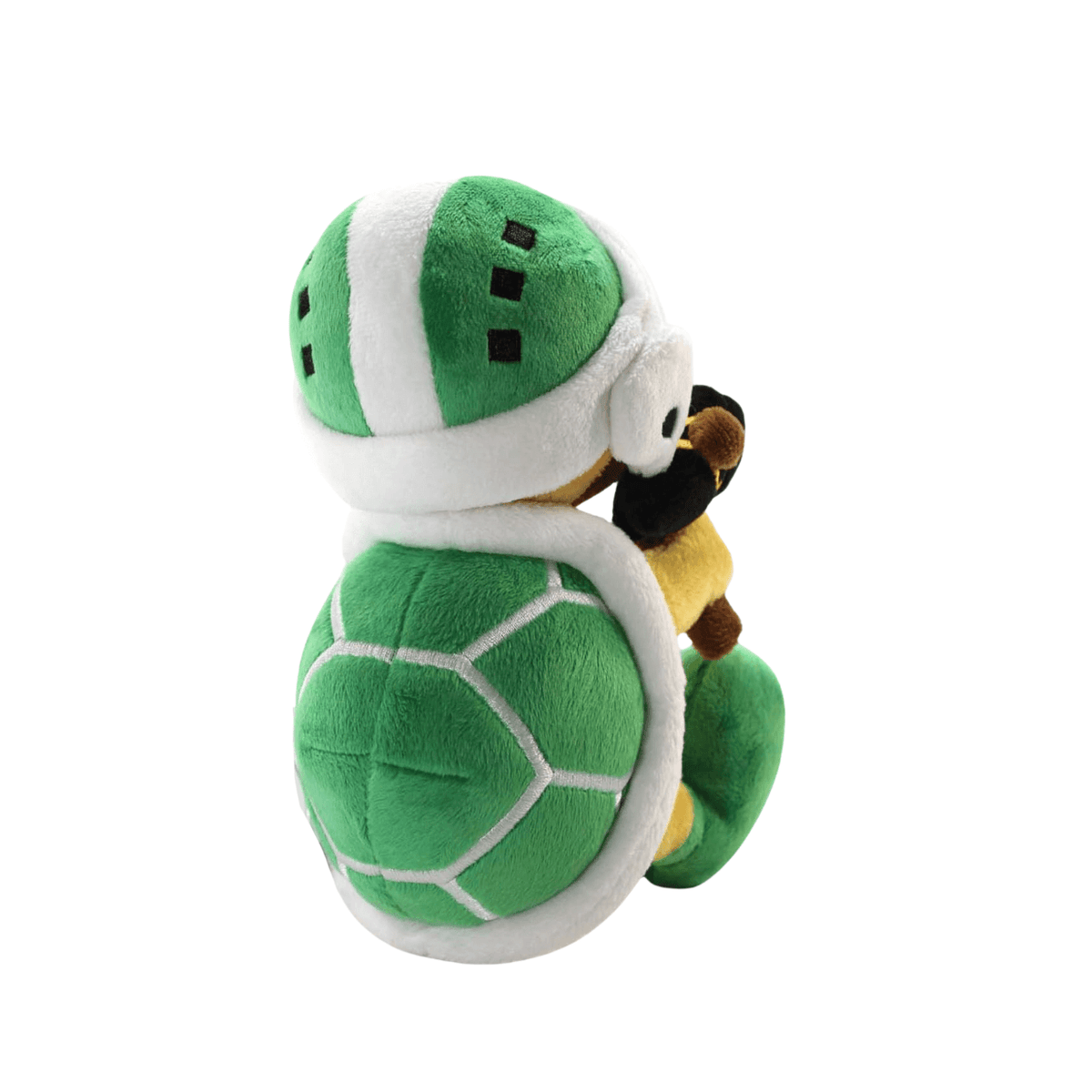 peluche Koopa Marteau verte et blanche en tissu doux, avec carapace arrondie bordée de blanc et détails noirs