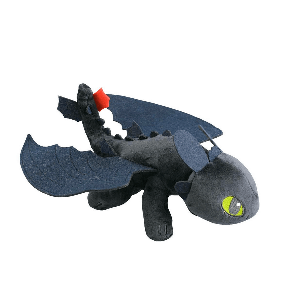 Peluche Krokmou noire et gris foncé, avec de grandes ailes bleues, des yeux verts et une nageoire rouge.