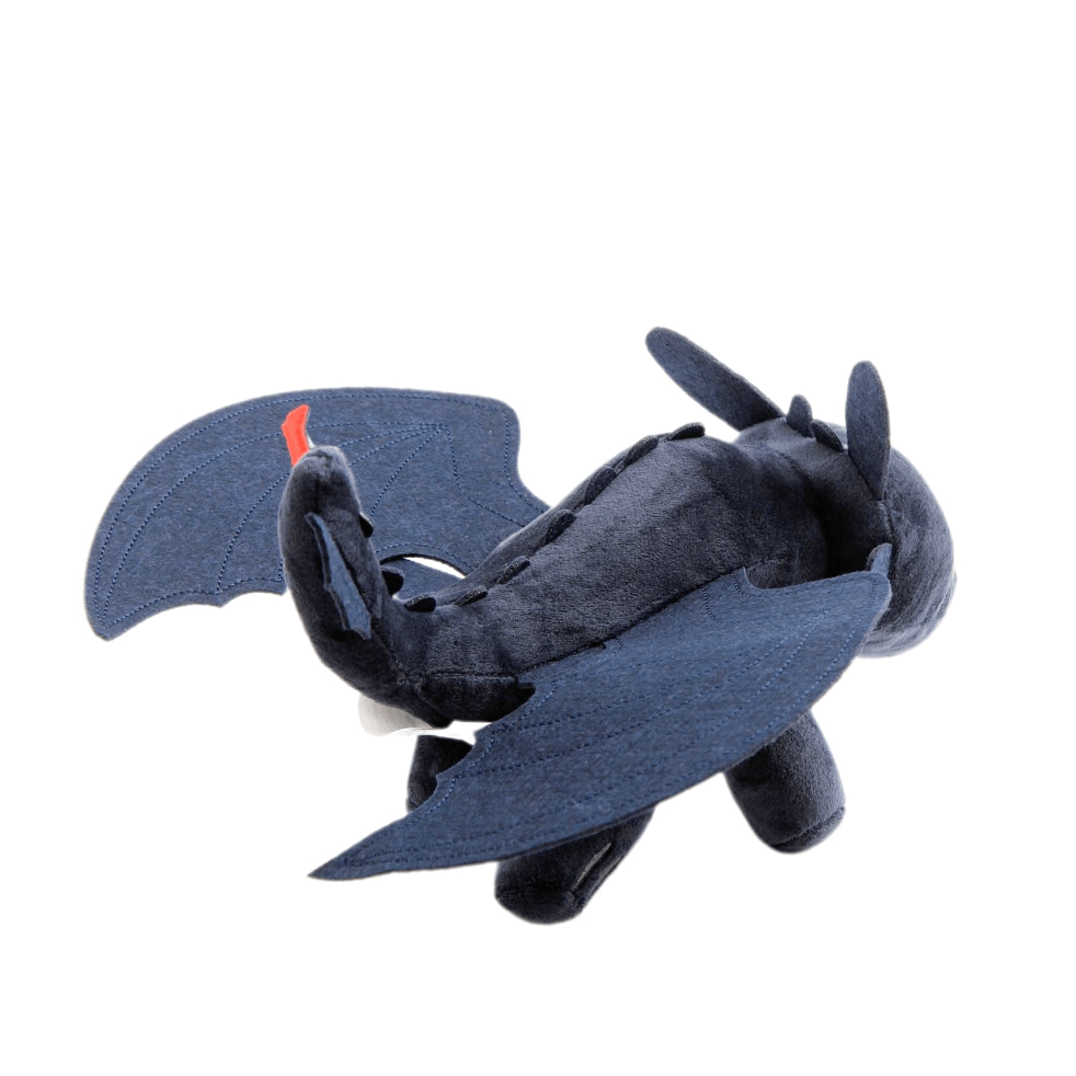 peluche Krokmou noire en tissu doux, avec de grandes ailes déployées, des oreilles pointues et un détail rouge à la queue.