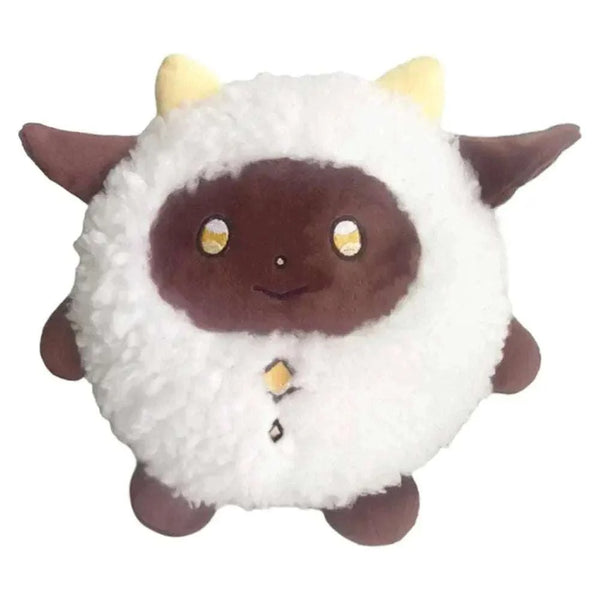 peluche Lamball blanche à la laine bouclée, avec visage brun, yeux jaunes et petites cornes beige