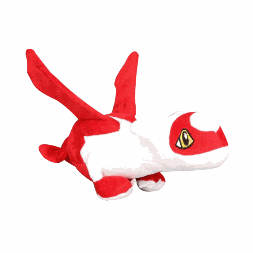 Peluche Latias rouge et blanche en tissu doux, avec de grandes ailes dressées, des pattes courtes et un œil jaune cerclé de noir.