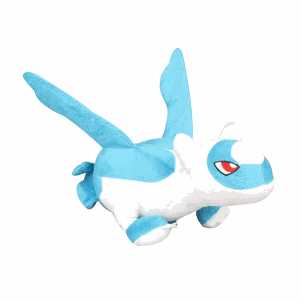 Peluche Latios bleu et blanc en tissu doux, avec de longues ailes dressées et un œil rouge distinctif.