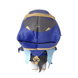 Peluche peluche Layla bleue en tissu, avec coiffe dorée, visage masqué et longues mèches bleu clair.