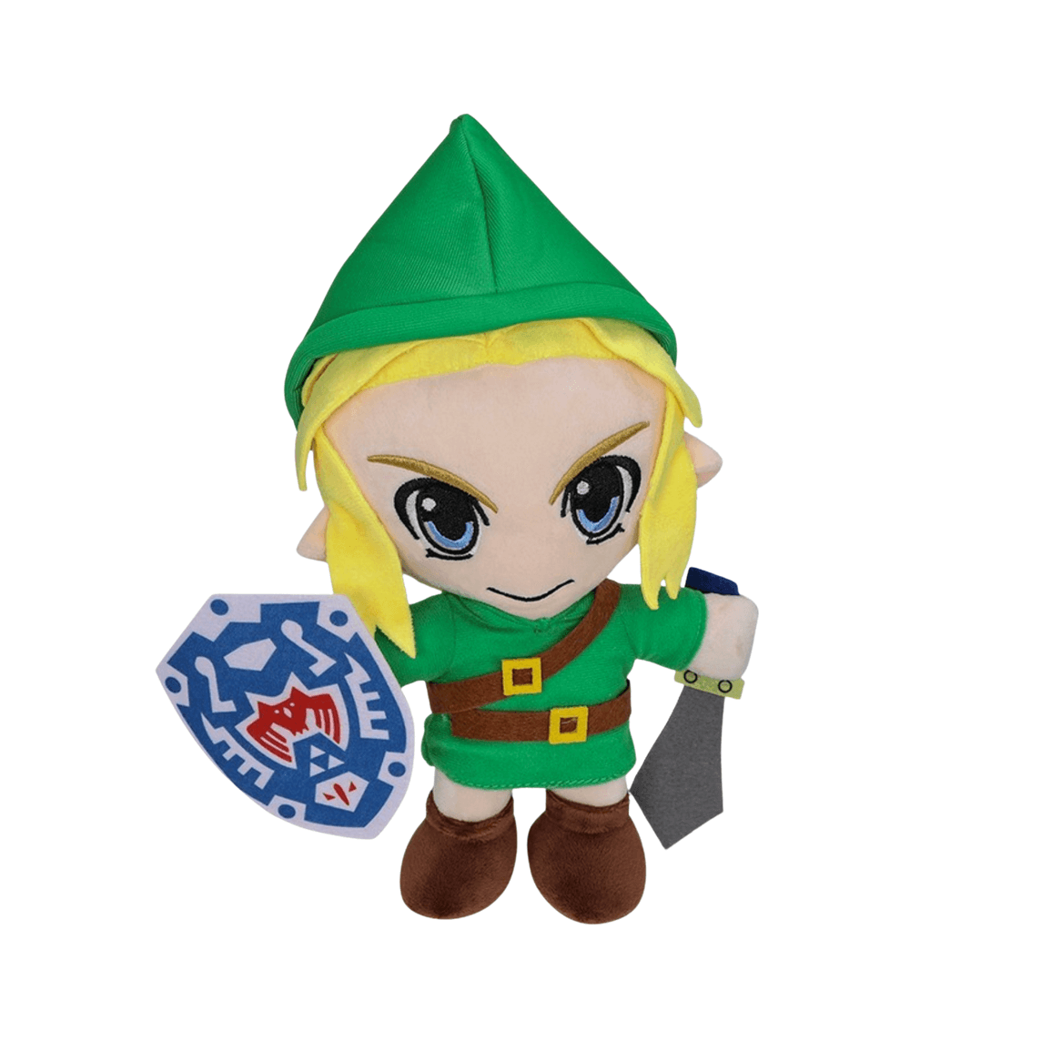 Peluche Link avec bonnet et tunique verts, cheveux blonds, bottes brunes, bouclier bleu et épée grise.