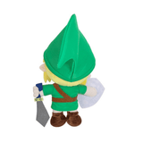 Peluche Link vue de dos, en tissu vert et brun, avec grand bonnet, tunique, bottes, épée et bouclier.