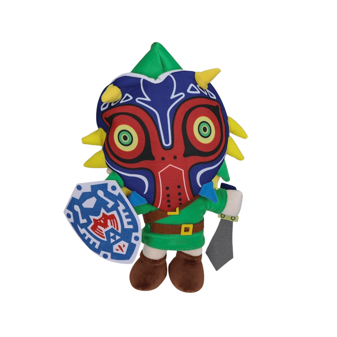 Peluche Link portant un masque bleu et rouge, une tunique verte, un bouclier décoré et une épée grise.