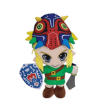 Peluche Link en tunique verte, coiffé d’un masque rouge et bleu, avec bouclier bleu et épée grise.