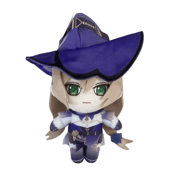 Peluche Lisa aux cheveux châtains et aux yeux verts, vêtue de violet avec un grand chapeau de sorcière.