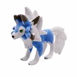 Peluche Lougaroc Shiny bleue et blanche, avec oreilles brunes, yeux verts et une grande queue touffue.