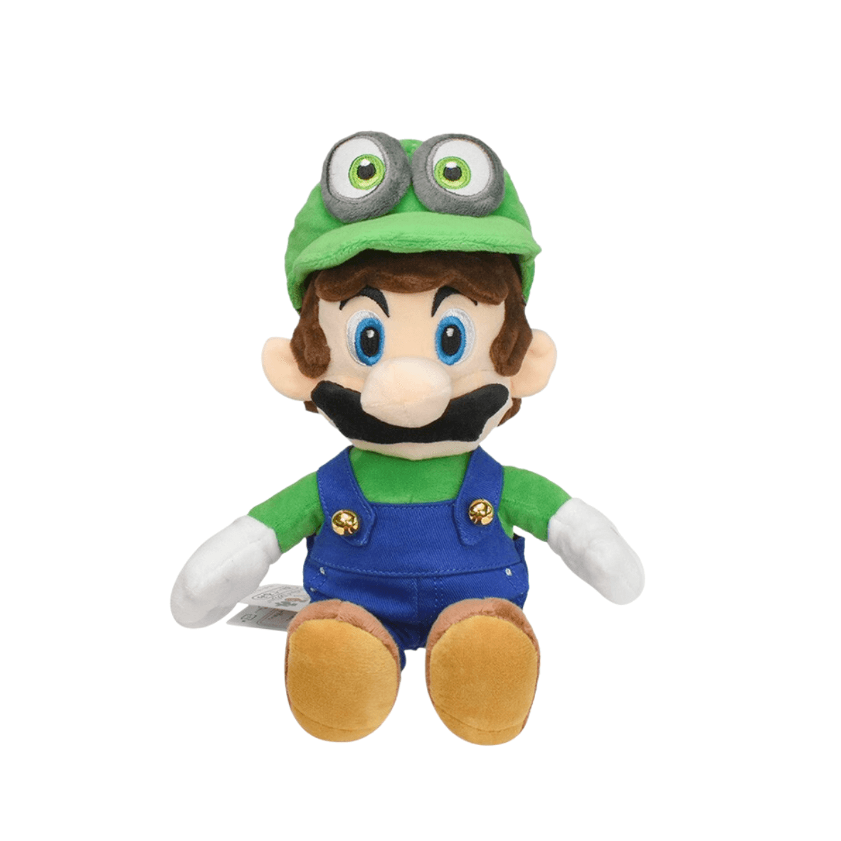 Peluche Luigi verte et bleue en tissu, avec casquette à yeux, moustache noire et salopette à boutons dorés.