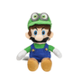 Peluche Luigi verte et bleue en tissu, avec casquette à yeux, moustache noire et salopette à boutons dorés.