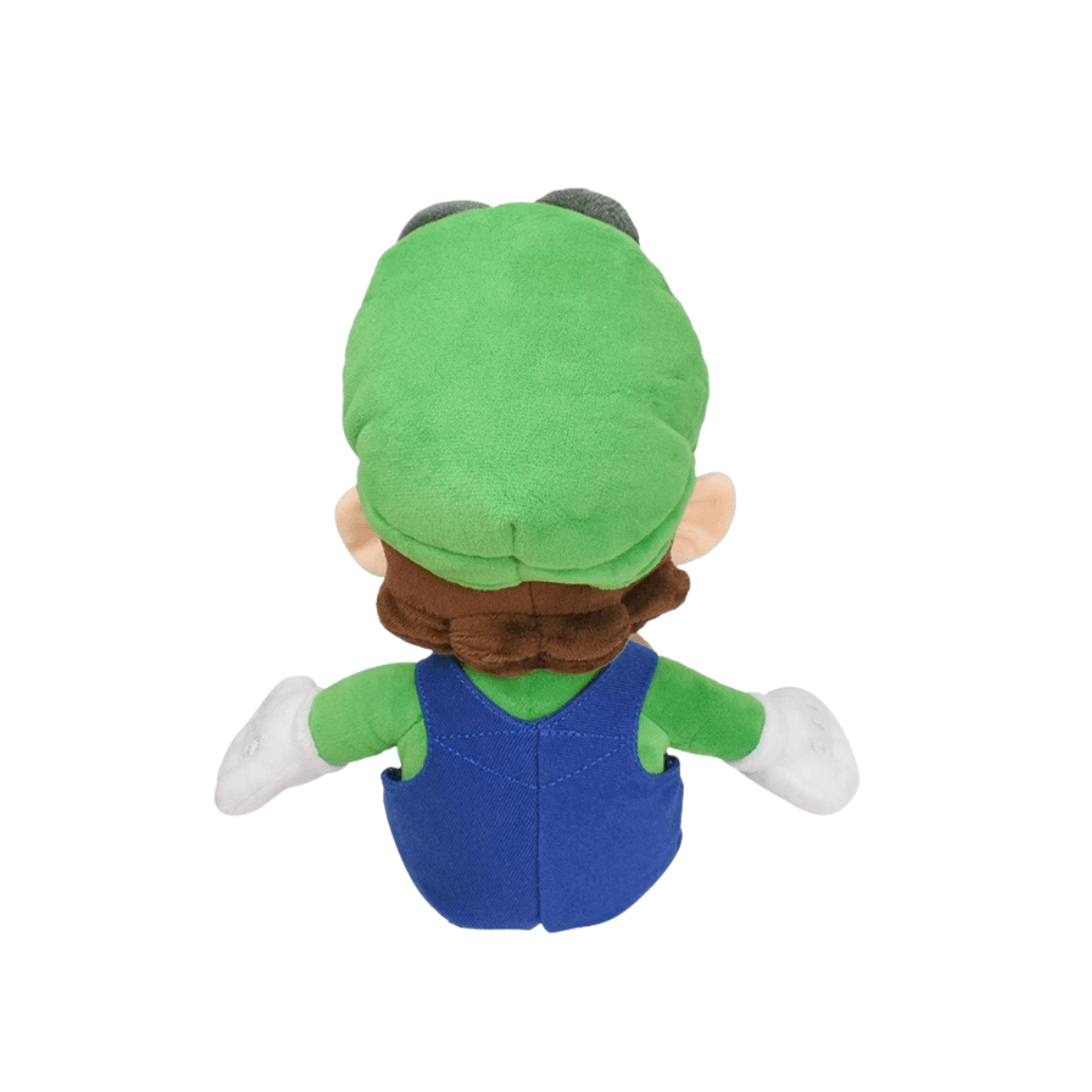 Peluche Luigi vue de dos, en tissu doux, avec casquette verte, salopette bleue, cheveux bruns et gants blancs.