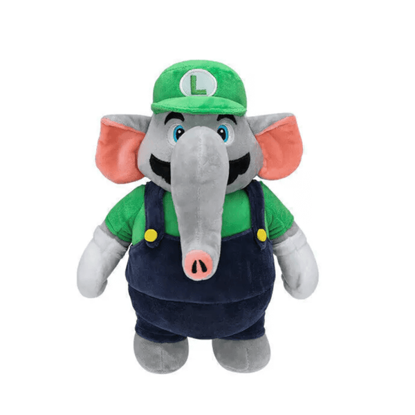 Peluche Luigi éléphant en tissu gris, oreilles roses, casquette verte et salopette bleu marine à boutons jaunes.