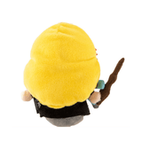 Peluche peluche Luna Lovegood en tissu jaune vif, vue de dos, avec robe noire et baguette brune