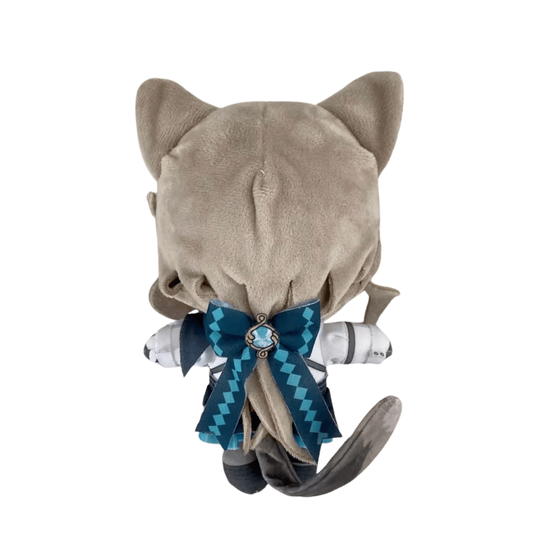 peluche Lynette grise en tissu doux, vue de dos avec de grandes oreilles et un nœud bleu à motifs géométriques