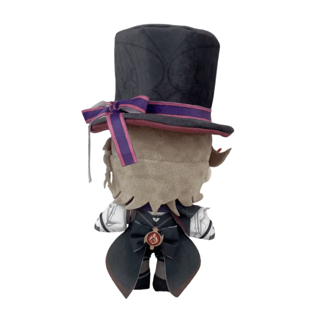 Peluche Lyney de dos, avec un haut-de-forme noir orné d’un ruban violet et une tenue de magicien sombre