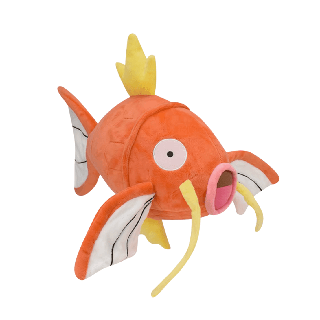 peluche Magicarpe orange en tissu, avec nageoires blanches bordées d’orange, moustaches jaunes et bouche rose