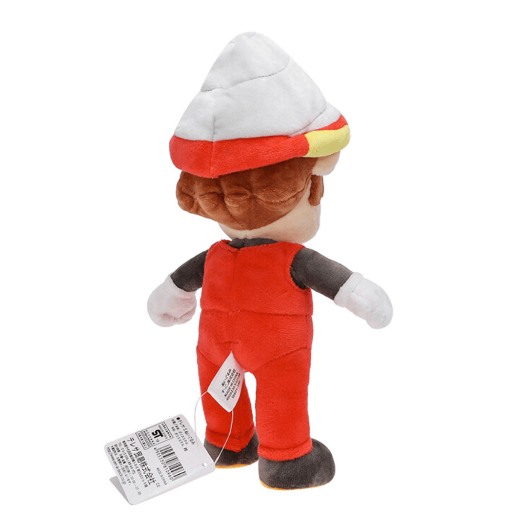 peluche Mario en tissu, vue de dos, avec une combinaison rouge, des manches grises et un bonnet blanc bordé de rouge et jaune.