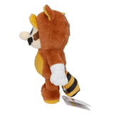 Peluche Mario en costume Tanuki brun et jaune, avec ventre clair, queue rayée noire et jaune et gants blancs