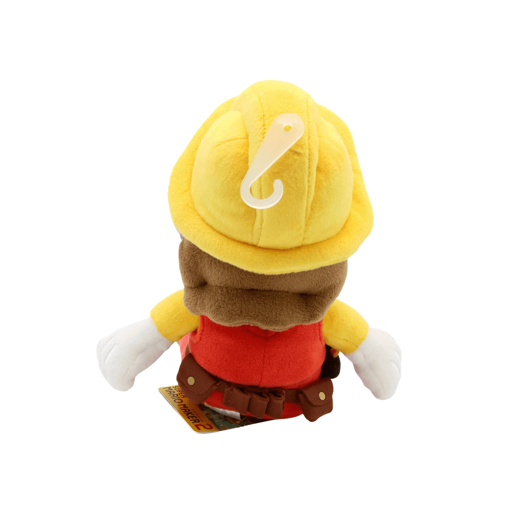 Peluche Mario jaune, rouge et marron en tissu pelucheux, vue de dos avec casque à symbole clair et gants blancs