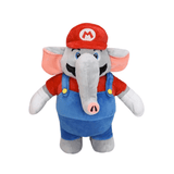 Peluche Mario gris en éléphant, avec une trompe, de grandes oreilles roses, une casquette rouge et une salopette bleue.