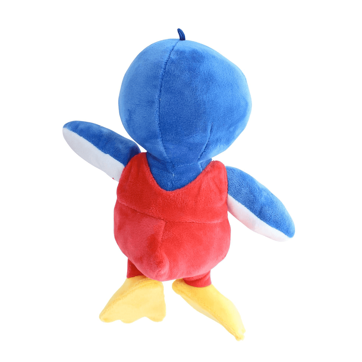 Peluche Mario pingouin bleue et rouge en tissu doux, avec ailes à pointes blanches et pieds jaunes palmés.