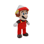 Peluche Mario aux yeux bleus, en salopette rouge et haut noir, avec une casquette blanche à visière rouge et jaune.