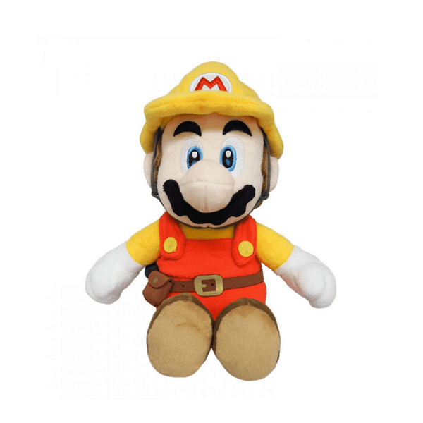 Peluche Mario en tenue de constructeur, avec casquette jaune, salopette rouge, gants blancs et moustache noire