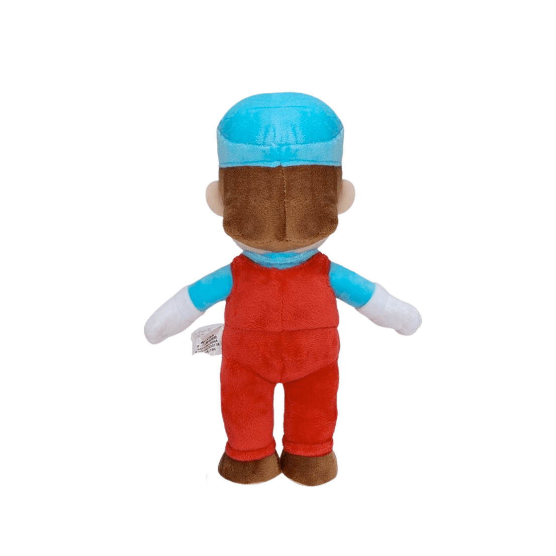 Peluche Mario à la tenue rouge, aux manches et au bonnet bleus, avec des gants blancs et des chaussures brunes, vue de dos.