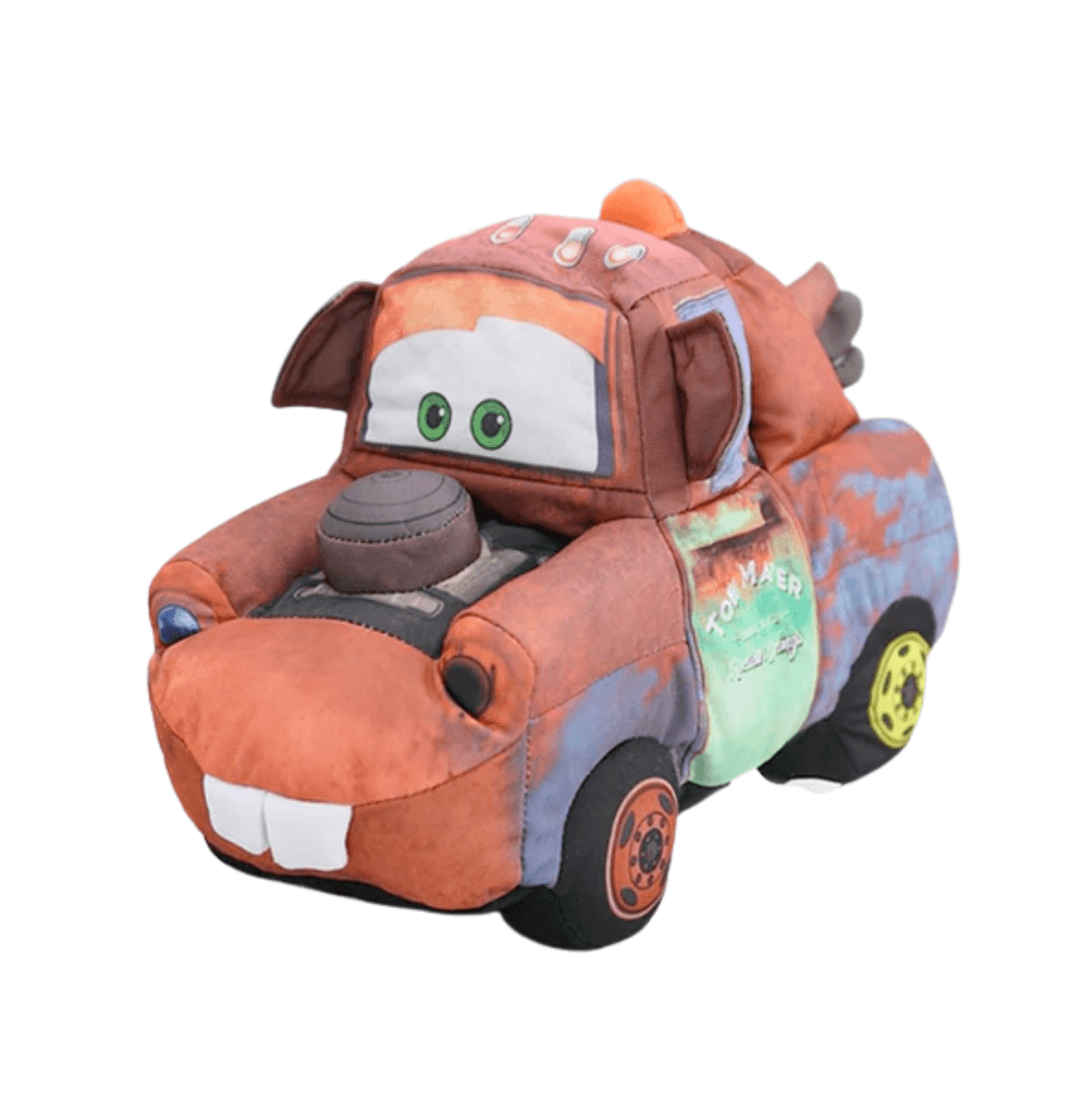 Peluche Martin de Cars en forme de dépanneuse orange et rouille, avec yeux verts, dents blanches et détails bleus.
