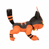 peluche Matoufeu orange et noire, en tissu doux, avec des rayures sombres et une queue dressée