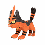 peluche Matoufeu orange et noire en tissu, avec yeux jaunes, longues oreilles pointues et queue rayée dressée