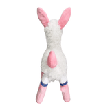 Peluche Melpaca blanche en matière douce et duveteuse, avec de longues oreilles, une queue rose et des pattes roses et bleues.