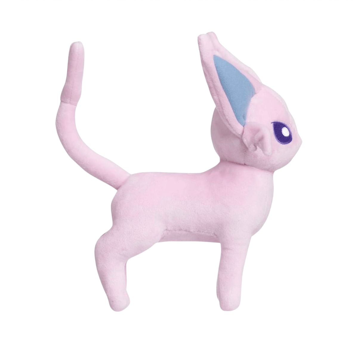 peluche Mentali rose pâle en tissu doux, avec de grandes oreilles bleues, un œil violet et une longue queue