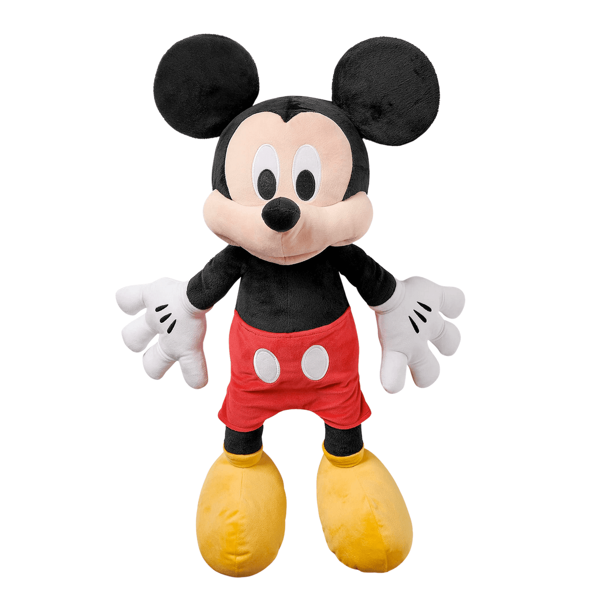 Peluche Mickey Mouse en peluche noire, rouge et jaune, avec de grandes oreilles, des gants blancs et un short à boutons