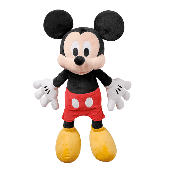 Peluche Mickey Mouse en peluche noire, rouge et jaune, avec de grandes oreilles, des gants blancs et un short à boutons