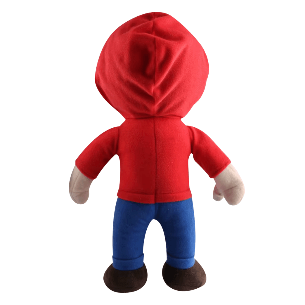 Peluche Miguel Rivera vue de dos, avec une capuche et un haut rouges, un pantalon bleu et des chaussures brunes.