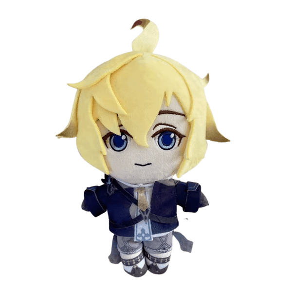 Peluche Mika aux cheveux jaunes et aux yeux bleus, vêtue d’un uniforme bleu marine et gris avec un pendentif.