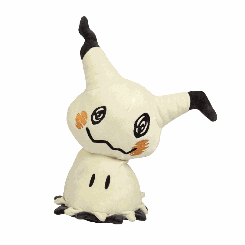 peluche Mimiqui blanche en tissu, avec oreilles noires, motifs orange sur les joues et visage dessiné façon déguisement