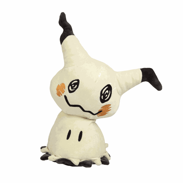 peluche Mimiqui blanche en tissu, avec oreilles noires, motifs orange sur les joues et visage dessiné façon déguisement