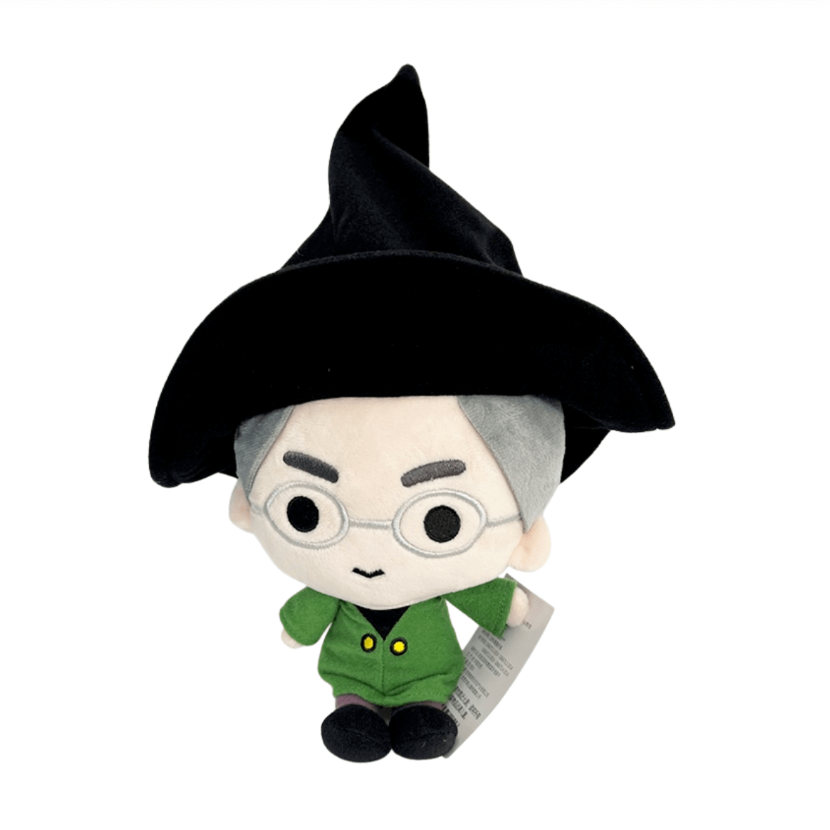 peluche Minerva McGonagall aux cheveux gris, lunettes rondes, robe verte et grand chapeau noir pointu