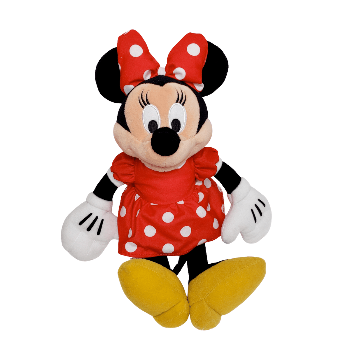peluche Minnie Mouse en tissu avec robe et nœud rouges à pois blancs, grandes oreilles noires et chaussures jaunes