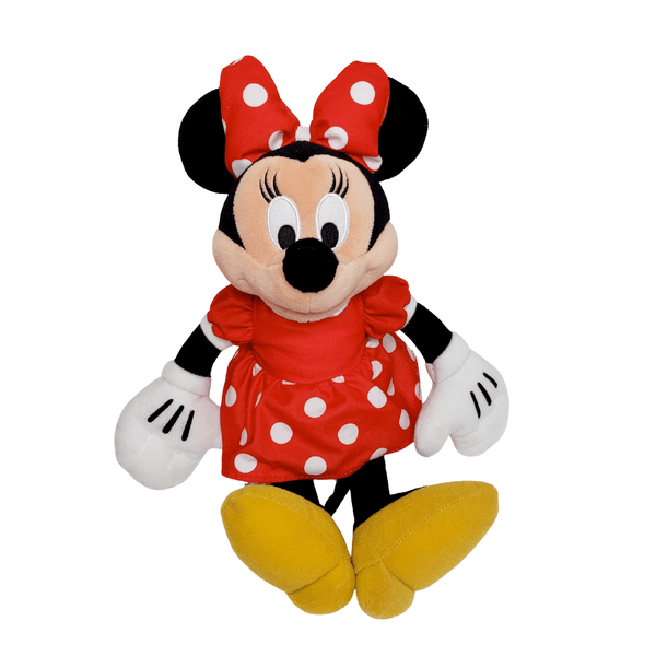 peluche Minnie Mouse en tissu avec robe et nœud rouges à pois blancs, grandes oreilles noires et chaussures jaunes