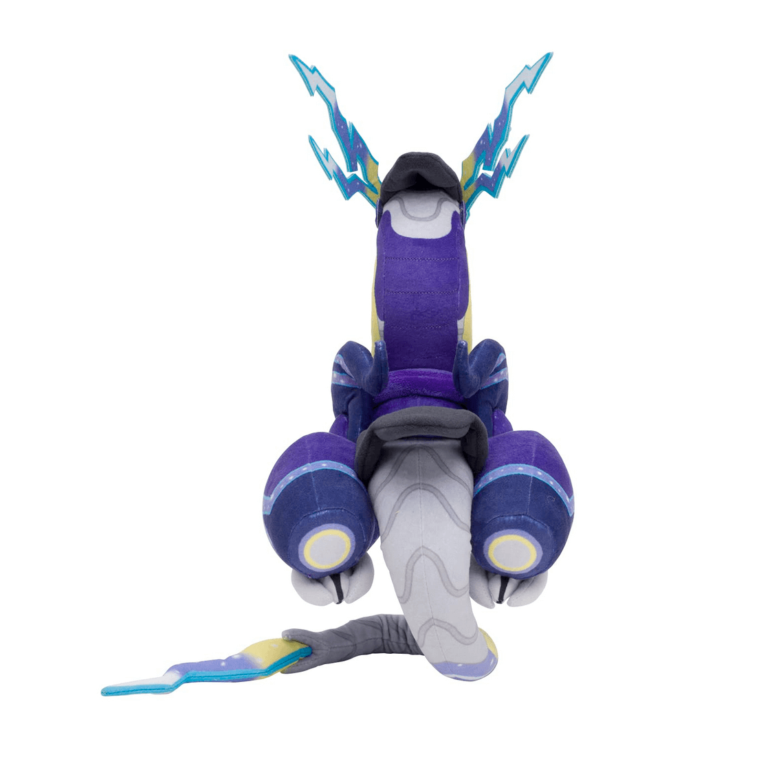 Peluche Miraidon violette et grise, avec des détails bleus et jaunes, de longues antennes en forme d’éclairs