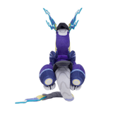 Peluche Miraidon violette et grise, avec des détails bleus et jaunes, de longues antennes en forme d’éclairs