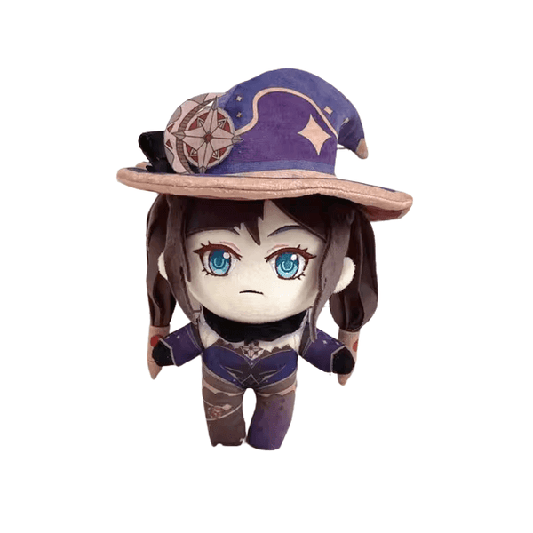 Peluche peluche Mona aux cheveux bruns, vêtue de violet et coiffée d’un grand chapeau orné d’une étoile.